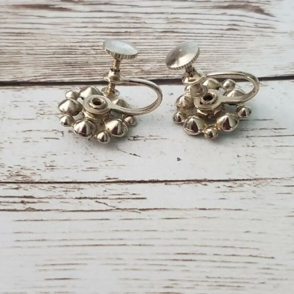 Vintage Screw On Earrings - Green & Clear Gems Flower Shape